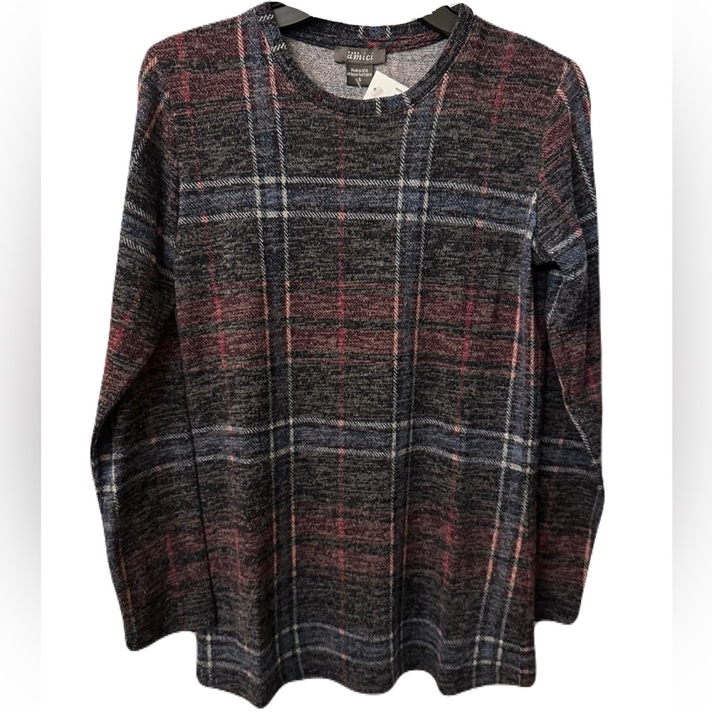 NEW Pure Amici Womens Tartan Plaid Knit Crew Neck Stretch Pullover Red Grey Blue